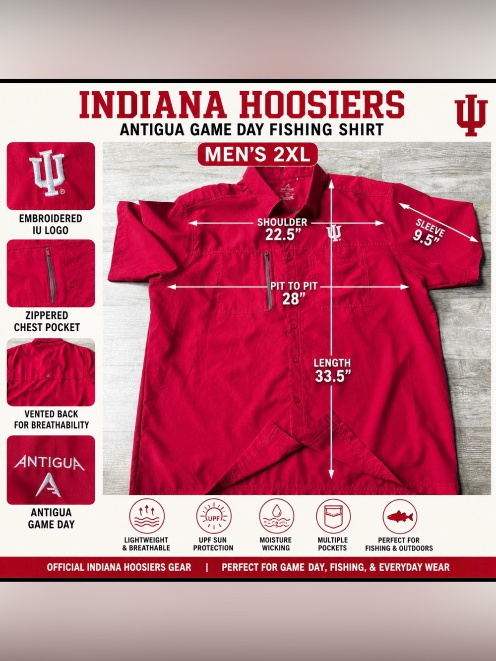 University of Indiana Hoosiers Antigua Game Day Fishing Shirt - Small - Dark Red